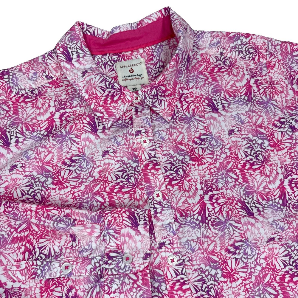 Appleseeds Shirt Women's 18 Pink Purple Floral Butterfly Long Sleeve 100% Cotton
